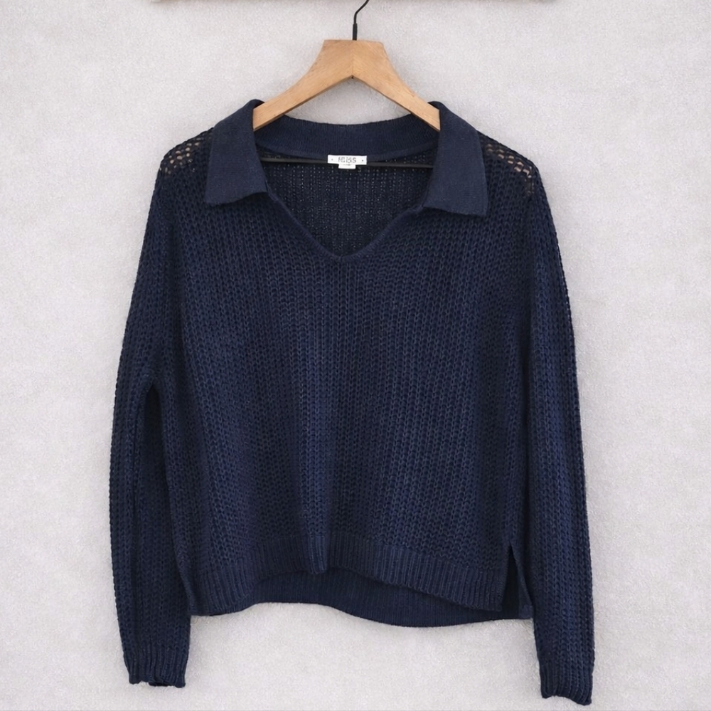 Reiss Navy Matilda Cotton Blend Open Collar Sweater -‎ Size L